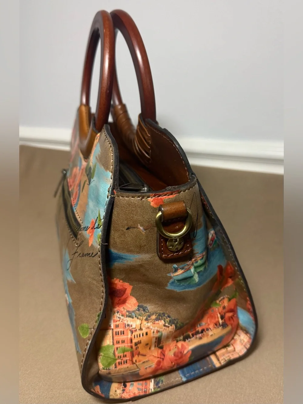 Patricia Nash Brown Floral Coastal Print Satchel with Blue Accents - Picture 5 of 8